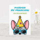 Funny Blue Merle French Bulldog Frenchie Birthday Karte<br><div class="desc">Wenn Sie jemanden kennen, der französische Bullhunde Lieben hat und einen guten Spaß hat, ist diese lustige Geburtstagskarte ideal, um sie an ihrem besonderen Tag zu schicken. Das Design zeigt eine Cartoon-Art-Abbildung eines blauen, mergelfarbenen französischen Bulldoggen mit einem Party Hut und Sonnenbrille mit der Formulierung "Verzeihen Sie meine Franzosen! Du...</div>