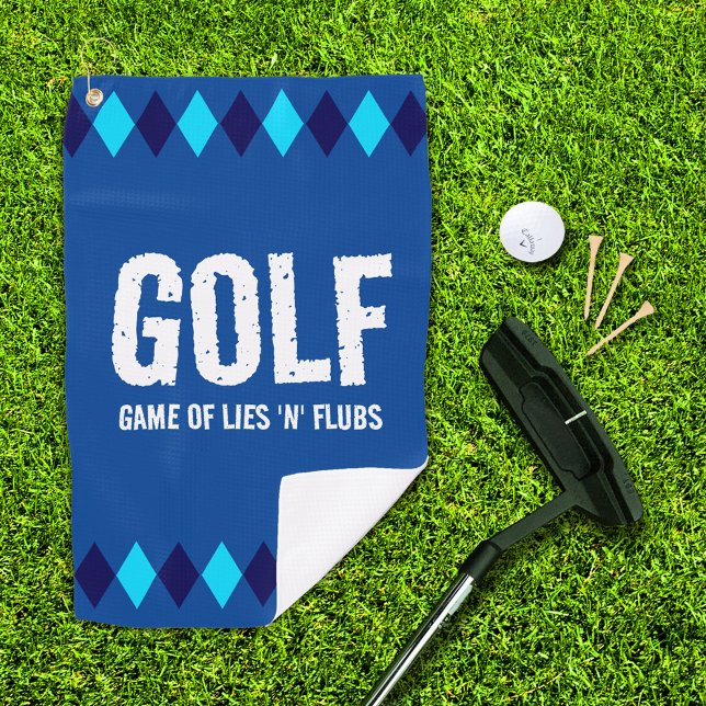 Funny Blue Raute Golf (Spiel der Lies 'n' Flubs) Golfhandtuch (Game of Lies 'n' Flubs blue argyle golf towel with putter, golf ball, and 3 tees on golf green)