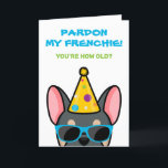 Funny Blue Tan French Bulldog Frenchie Birthday Ca Karte<br><div class="desc">Wenn Sie jemanden kennen, der französische Bullhunde Lieben hat und einen guten Spaß hat, ist diese lustige Geburtstagskarte ideal, um sie an ihrem besonderen Tag zu schicken. Das Design zeigt einen blauen und blassfarbenen französischen Bulldoggen im Stil eines Cartoon, der einen Party-Hut und eine Sonnenbrille trägt, mit der Aufschrift "Verzeih...</div>
