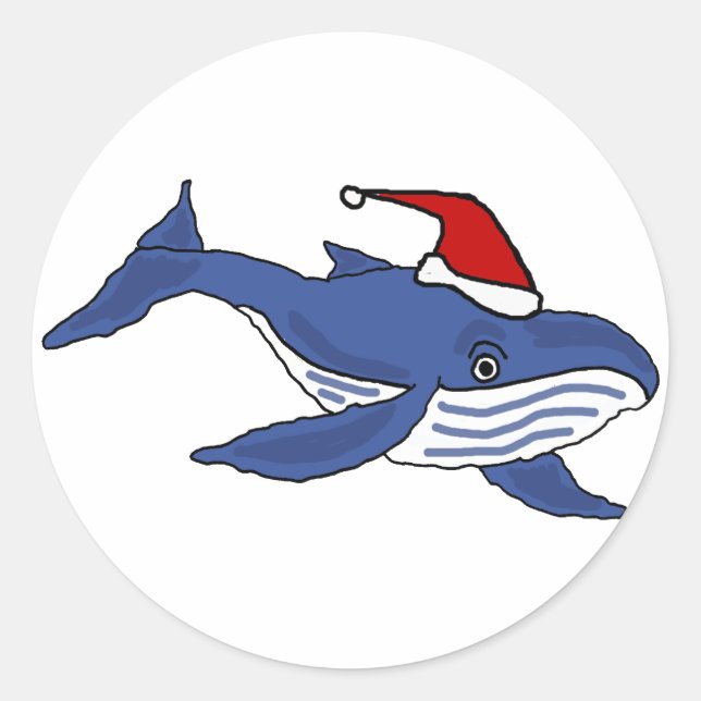 Funny Blue Whale in Weihnachtsmannmütze Weihnachte Runder Aufkleber (Vorderseite)