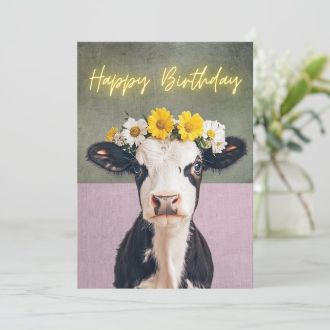 Funny Blume Cow Geburtstagskarte Dankeskarte (Stehend Vorderseite)