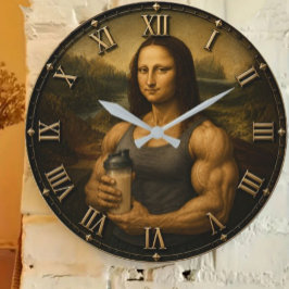 Funny Bodybuilder Mona Lisa Gym Queen Renaissance  Große Wanduhr