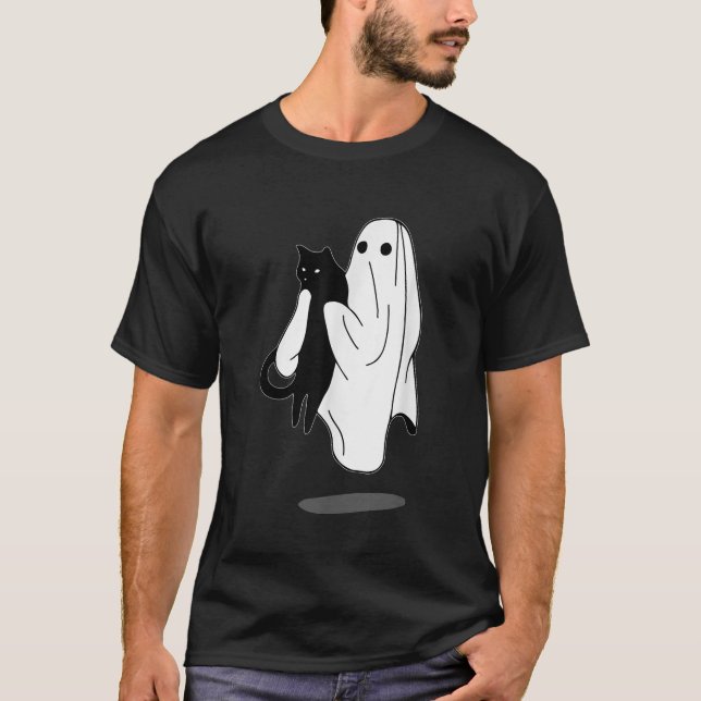 Funny Boo Ghost Holding Black Cat Halloween Spooky T-Shirt (Vorderseite)