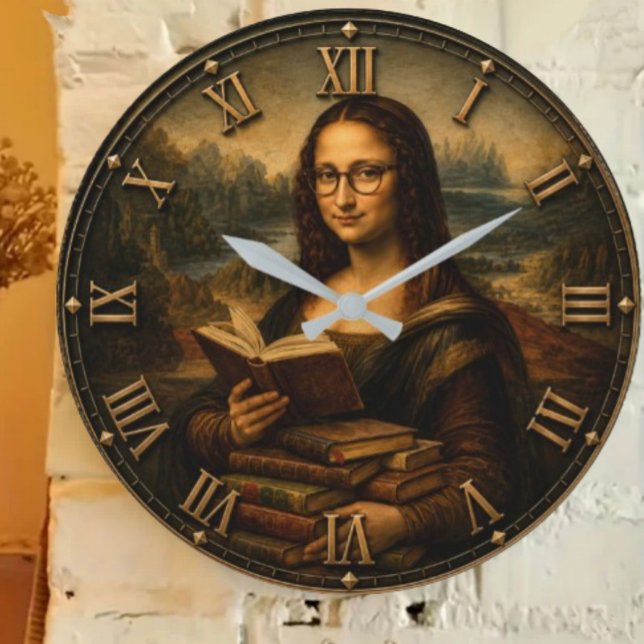 Funny Bookworm Mona Lisa Reading Lover Renaissance Große Wanduhr (Von Creator hochgeladen)