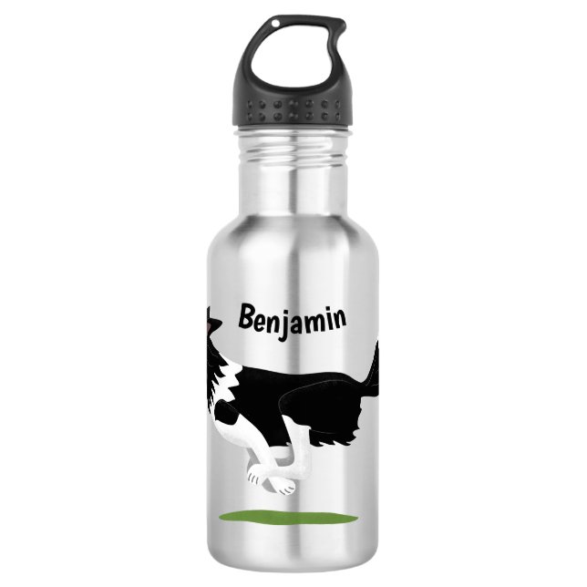 Funny Border Collie Hund läuft Cartoon Edelstahlflasche (Vorderseite)