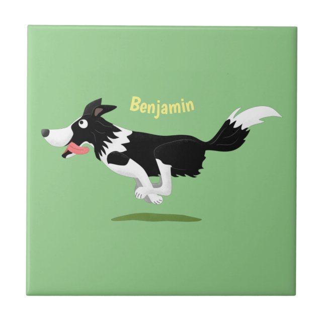 Funny Border Collie Hund läuft Cartoon Fliese (Vorderseite)