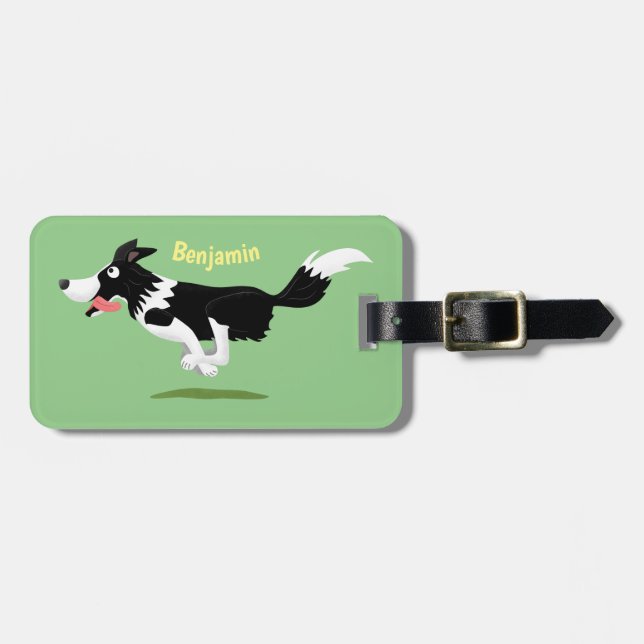 Funny Border Collie Hund läuft Cartoon Gepäckanhänger (Vorderseite horizontal)