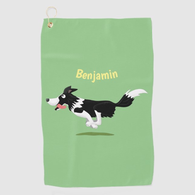 Funny Border Collie Hund läuft Cartoon Golfhandtuch (Vorderseite)