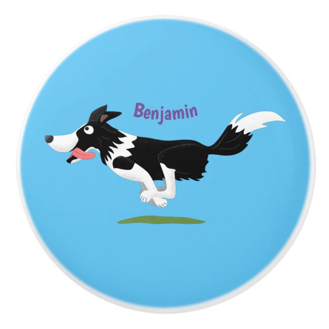 Funny Border Collie Hund läuft Cartoon Keramikknauf (Vorderseite)