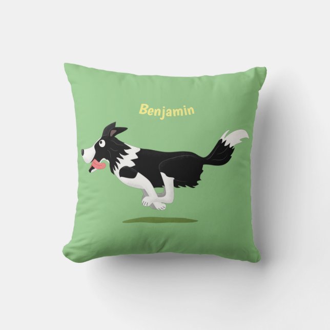Funny Border Collie Hund läuft Cartoon Kissen (Vorderseite)