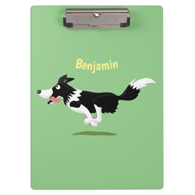 Funny Border Collie Hund läuft Cartoon Klemmbrett (Vorderseite)