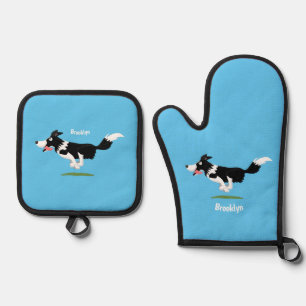 Funny Border Collie Hund läuft Cartoon Ofenhandschuh & Topflappen-Set