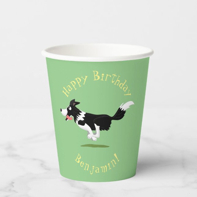 Funny Border Collie Hund läuft Cartoon Pappbecher (Vorderseite)