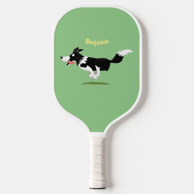 Funny Border Collie Hund läuft Cartoon Pickleball Schläger (Vorderseite)