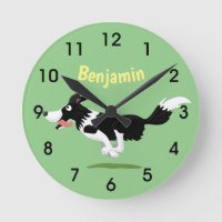 Funny Border Collie Hund läuft Cartoon Round Cloc