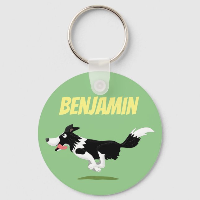 Funny Border Collie Hund läuft Cartoon Schlüsselanhänger (Vorderseite)