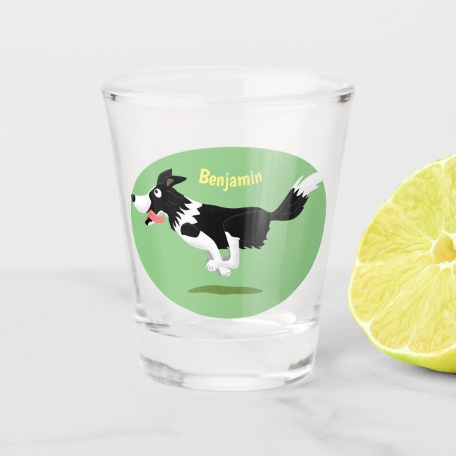 Funny Border Collie Hund läuft Cartoon Schnapsglas (Vorderseite)