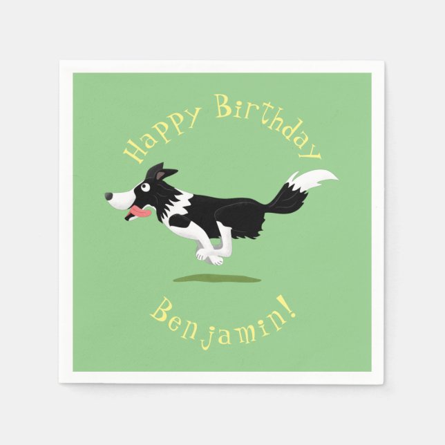 Funny Border Collie Hund läuft Cartoon Serviette (Vorderseite)