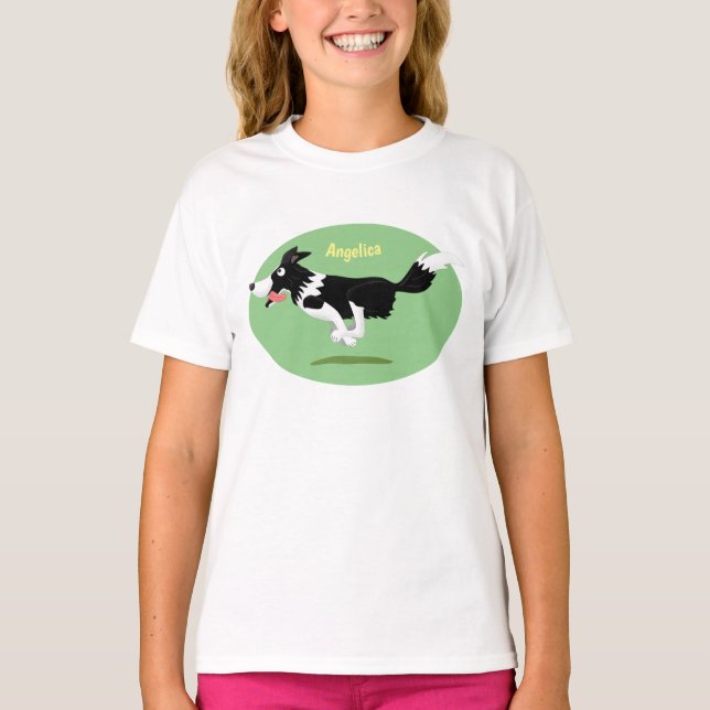 Funny Border Collie Hund läuft Cartoon T-Shirt (Vorderseite)