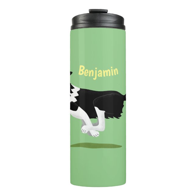 Funny Border Collie Hund läuft Cartoon Thermosbecher (Vorderseite)