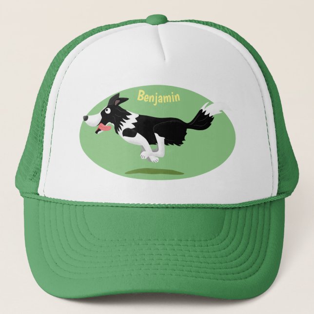 Funny Border Collie Hund läuft Cartoon Truckerkappe (Vorderseite)