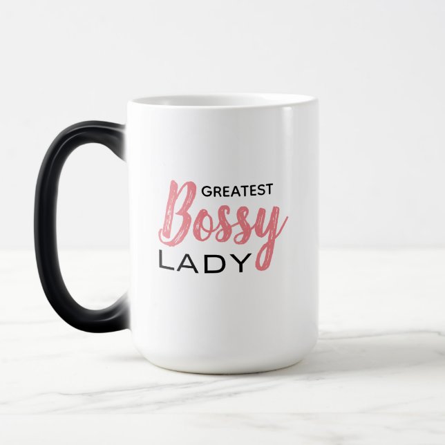 Funny Boss Lady Pink White Typografy Verwandlungstasse (Links)