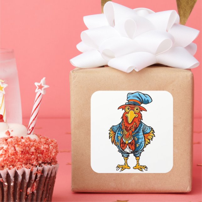 Funny Bossy Cartoon Rooster Quadratischer Aufkleber (Party)
