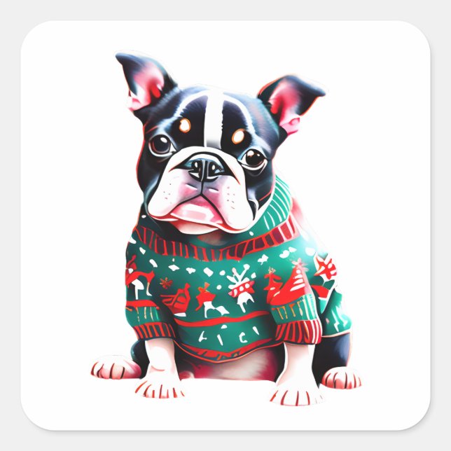 Funny Boston Terrier in Weihnachts-Sweater Quadratischer Aufkleber (Vorderseite)