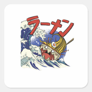 Funny Bowl of Ramen während eines Ozeansturms Quadratischer Aufkleber