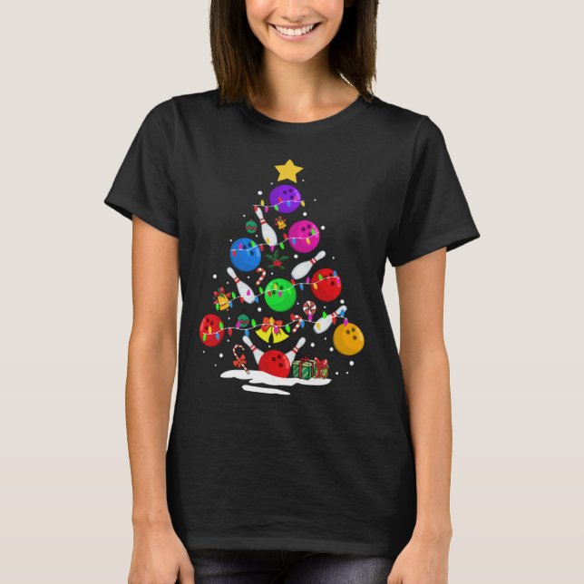 Funny Bowling Ugly Christmas Tree Lights Xmas For  T-Shirt (Vorderseite)