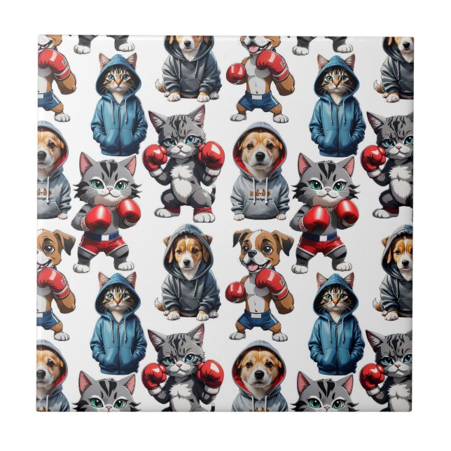 Funny Boxing Cat Dog Design Fliese (Vorderseite)