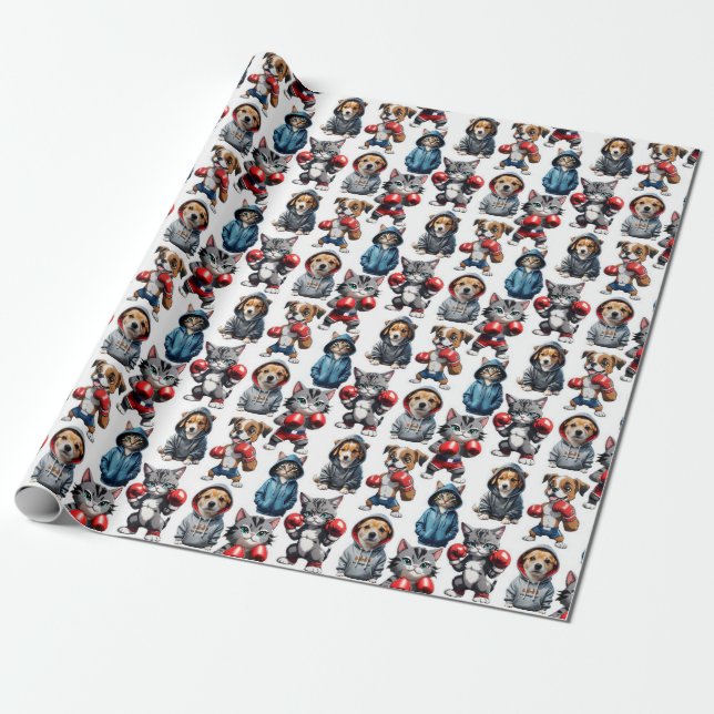Funny Boxing Cat Dog Design Geschenkpapier (Ungerollt)