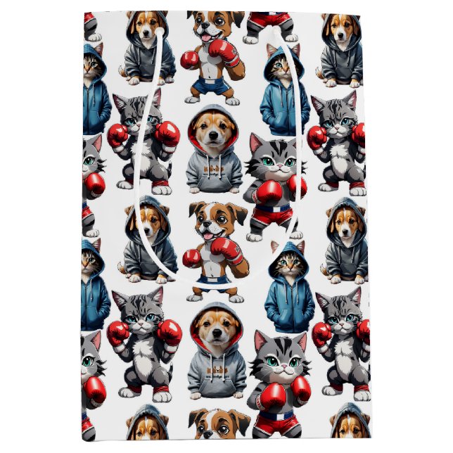 Funny Boxing Cat Dog Design Mittlere Geschenktüte (Vorderseite)