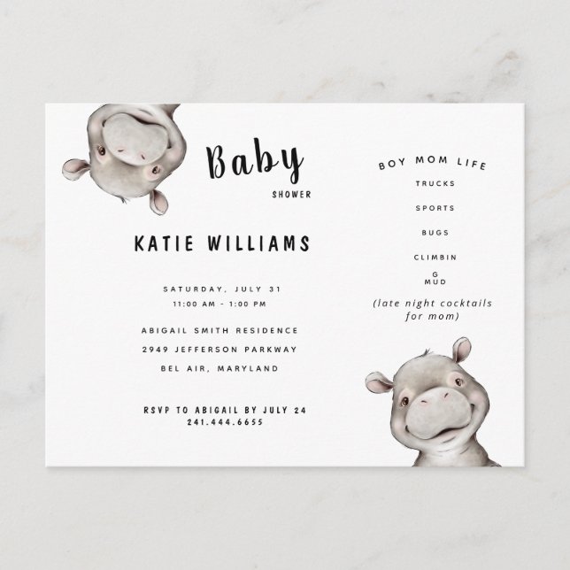 Funny Boy Life Hippo Baby shower Invitation (Devant)