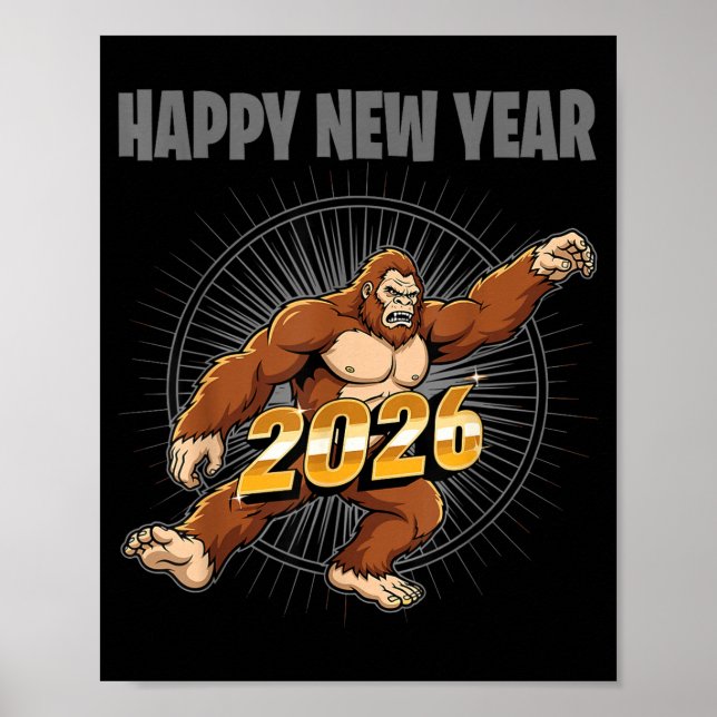 Funny Boys Nye Outfit, Mens Bigfoot Happy New Year Poster (Vorne)