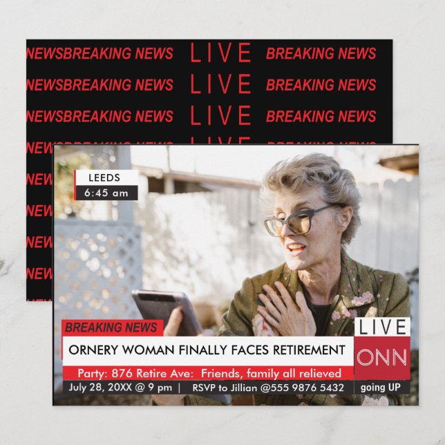 Funny Breaking News Retirement 🎉 Party Einladung (Vorne/Hinten)