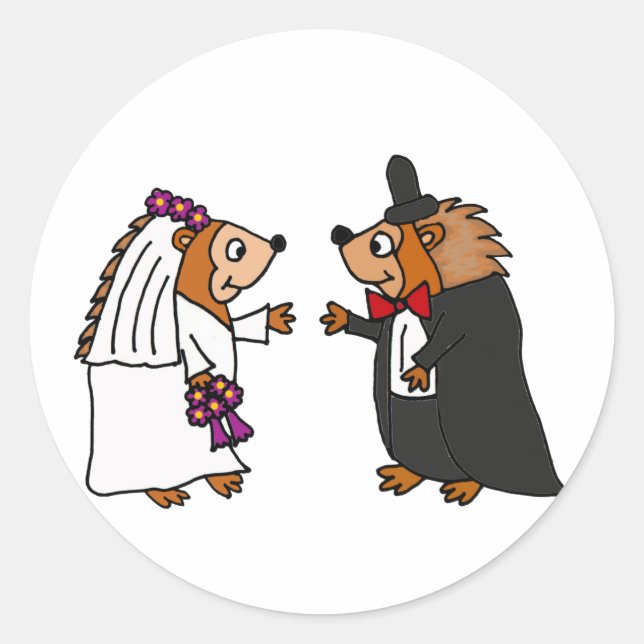 Funny Bride Groom Igel Hochzeit Art Runder Aufkleber (Vorderseite)