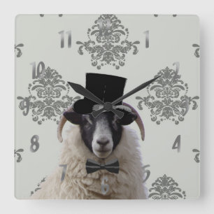 Funny Bridegroep Schafe im oberen Hut Quadratische Wanduhr