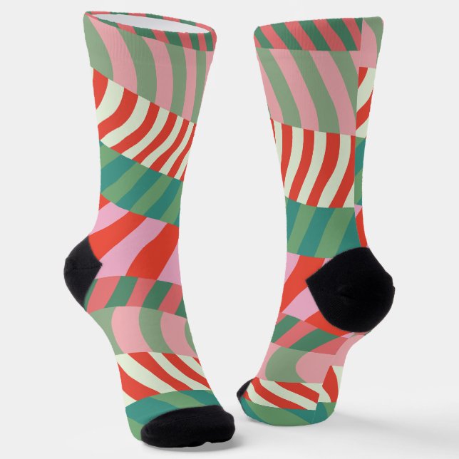 Funny Bright Weihnachten Retro Red Green Strips Socken (Gewinkelt)