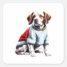 Funny Brittany in Christmas Sweater Quadratischer Aufkleber