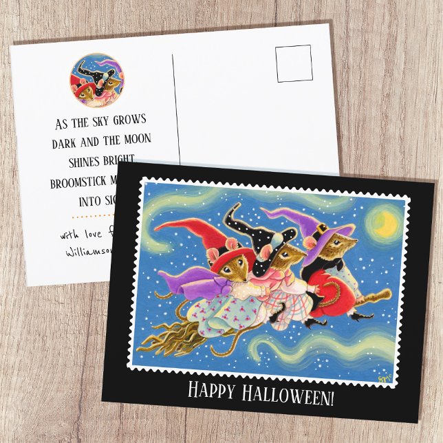 Funny Broomstick Mäuse Hexenmäuse Halloween Spaß Postkarte (Von Creator hochgeladen)