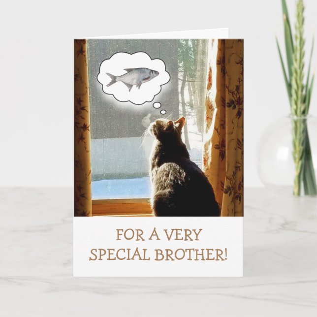Funny Brother Cat and Fish Birthday Karte (Vorderseite)
