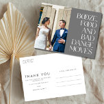 Funny Budget Wedding Vielen Dank Postkarte<br><div class="desc">Die lustige Hochzeit dankt Ihnen Postkarten in einem lustigen "Booze,  food and bad dance move"-Design mit Ihrem Foto.</div>