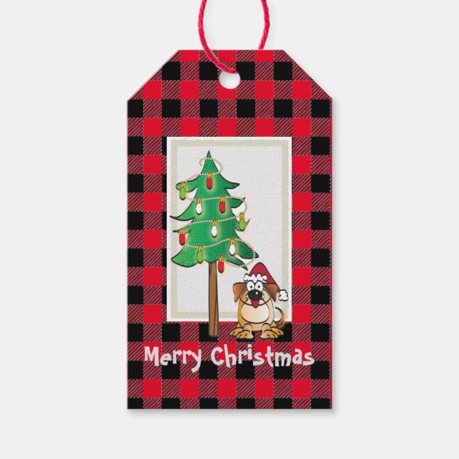 Funny Buffalo Karo Dog mit Weihnachtsmannmütze Wei Geschenkanhänger (Vorderseite)