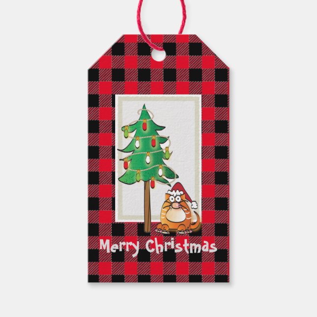 Funny Buffalo Karo Katze mit Weihnachtsmannmütze W Geschenkanhänger (Vorderseite)