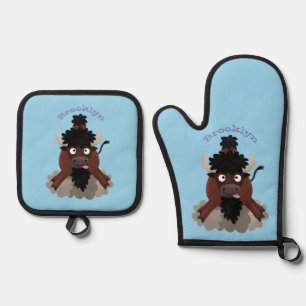 Funny Büffel Bison Cartoon Illustration Ofenhandschuh & Topflappen-Set