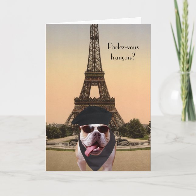 Funny Bull Dog French Birthday Karte (Vorderseite)