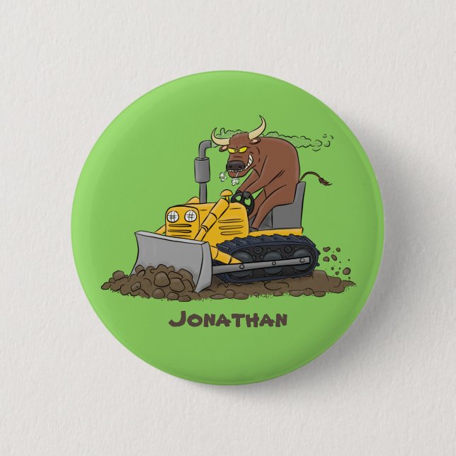 Funny Bulldozer Driving Cartoon Button (Vorderseite)