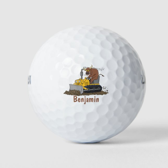 Funny Bulldozer Driving Cartoon Golfball (Vorderseite)