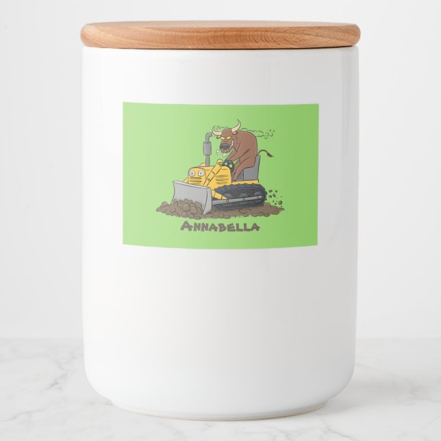 Funny Bulldozer Driving Cartoon Lebensmitteletikett (Vorderseite)